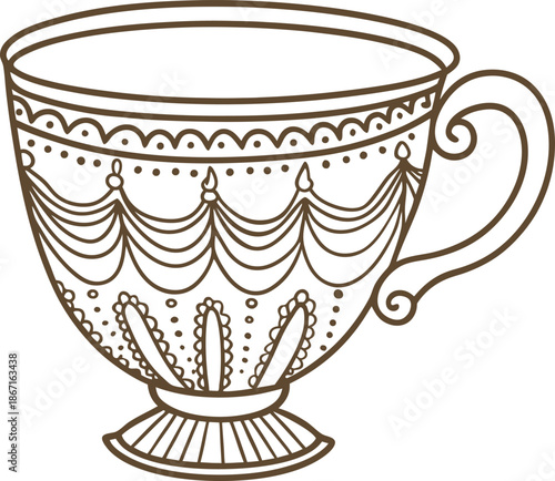 Ornate vintage teacup line drawing with decorative patterns and elegant handle design