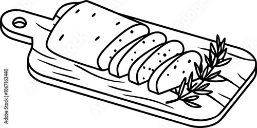 Sliced roasted meat on wooden cutting board with herb garnish outline illustration