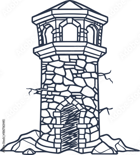 Ancient stone watchtower with cracks and rocks, medieval fortress guard tower illustration