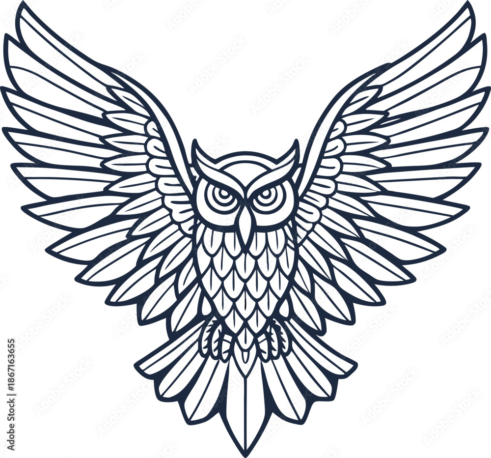 Fototapeta premium Intricate owl illustration with spread wings and detailed feather pattern