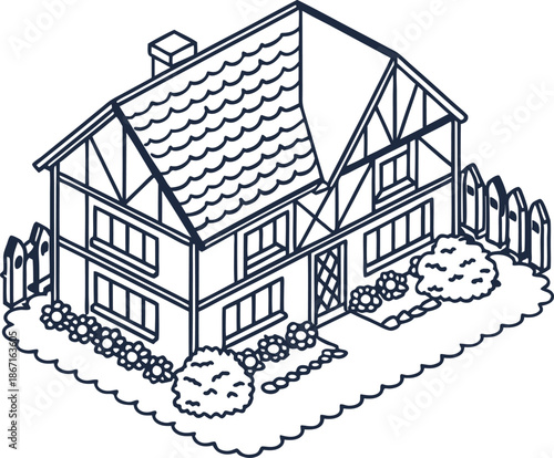 Isometric cottage house with garden, fence, bushes, and flowers in outline