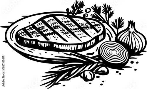 Grilled steak with herbs and seasonings, onion, garlic, and peppercorns on a plate