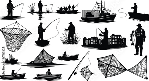 Set of fishing silhouettes with people, boats, rods, and nets, ideal for outdoor, sport, and commercial themes.