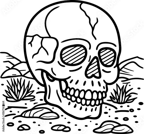 Cracked human skull in desert landscape with rocks and sparse dry vegetation