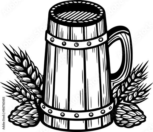 Wooden beer mug with barley and hops, vintage brewing and craft beer concept