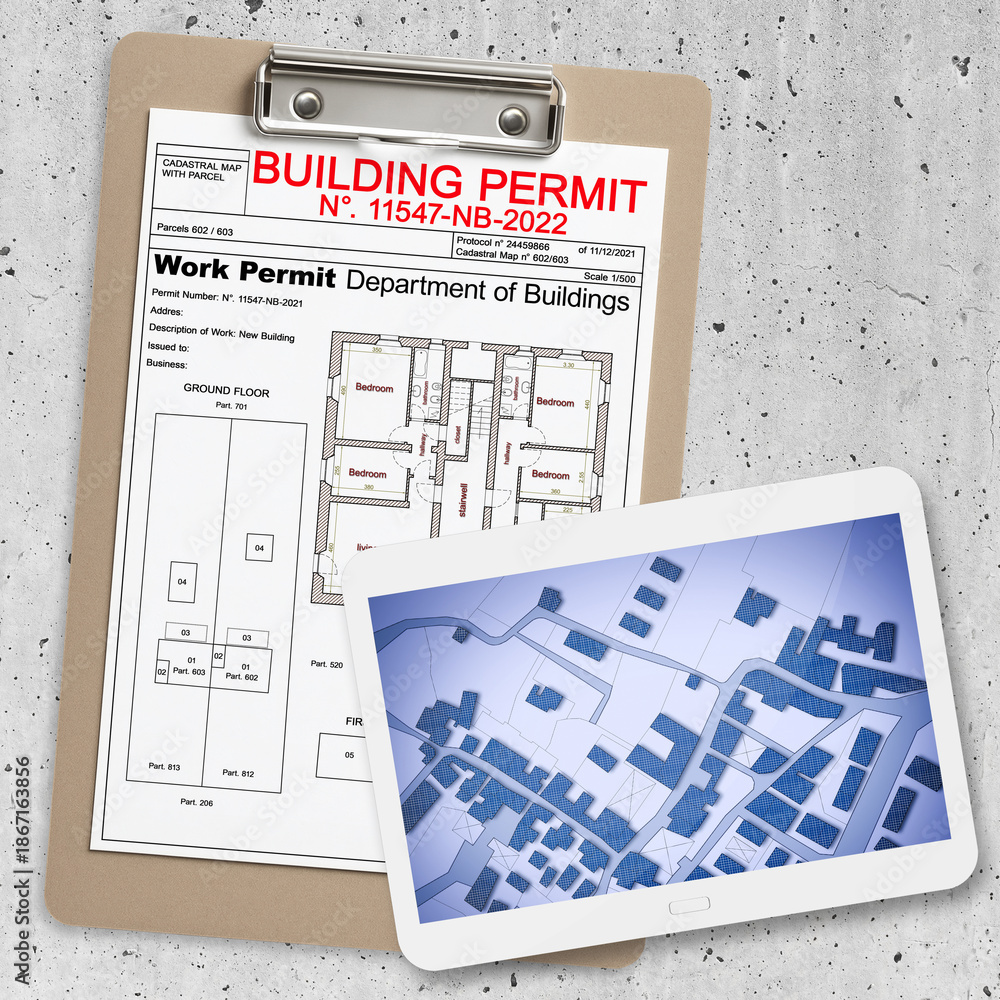 Fototapeta premium BUILDING PERMIT APPLICATION CONCEPTt with architectural floor pl