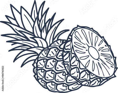 Pineapple with slices tropical fruit cut, fresh and juicy healthy nutrition, tropical harvest and organic food concept