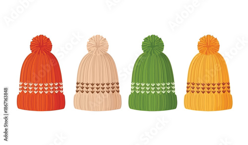 Four colorful knit winter hats with pom poms