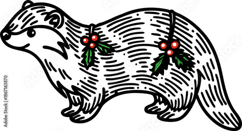 festive ferret illustration decorated with red berries and green holly leaves