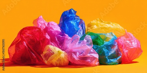 A collection of colorful crumpled single-use plastic bags piled on a vibrant orange background representing environmental pollution