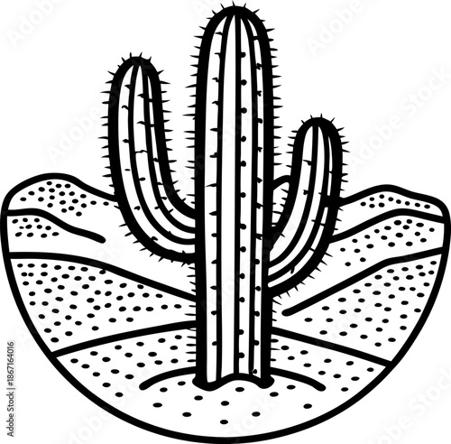 Cactus silhouette with desert landscape background, arid nature and spiky plant growth