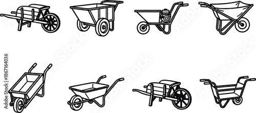 Eight different wheelbarrow illustrations in various designs and styles for construction or gardening purposes in one image
