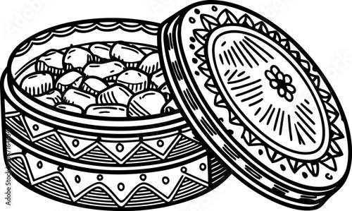 Traditional container filled with assorted nuts, decorative round box with open lid