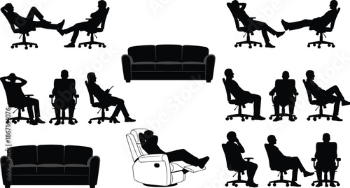 Set of seated human silhouettes in office chairs, sofas, and recliners, ideal for furniture, posture, and lifestyle design.
