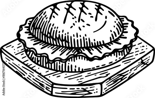 Hand drawn burger with sandwich bun and lettuce on wooden cutting board illustration