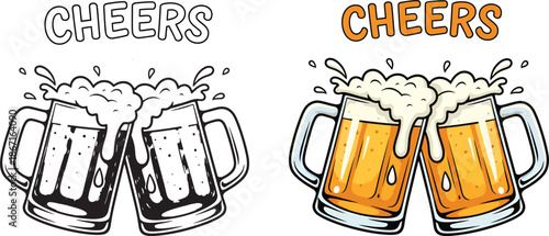 Cheers toasting beer mugs clinking with foam and splashes, black and white outline and color versions