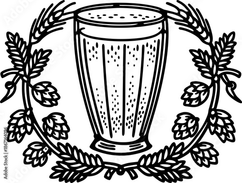 Beer glass with foam and barley wreath traditional brewery emblem design alcoholic drink symbol and vintage decoration