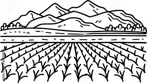 rural farmland with mountain backdrop, cultivated fields and clear sky, agricultural landscape