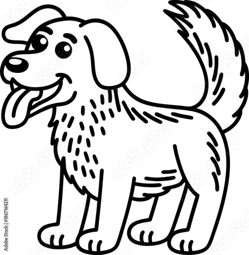 Happy dog with wagging tail illustration, cute pet animal character smiling and playful