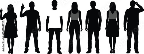 Set of seven black human silhouettes in varied poses and gestures, ideal for design, animation, and behavioral studies.