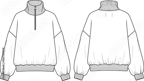 Technical sweatshirt fashion flat sketch showing front and back views isolated on white background for apparel design illustration