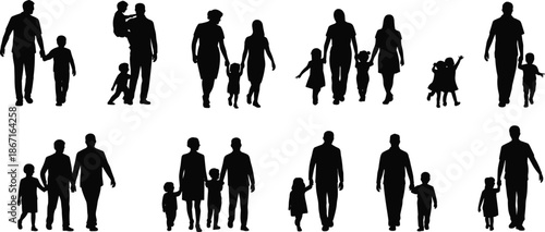 Set of six black family silhouettes showing diverse groupings and interactions, ideal for themes of unity, care, and relationships.