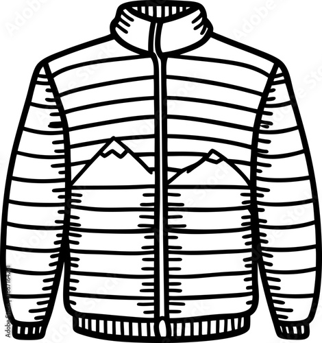 Puffer jacket with mountain design, warm insulated outerwear for cold weather