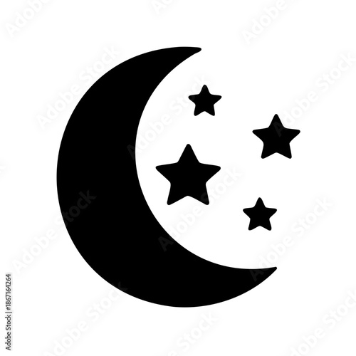 Stylized crescent moon with three stars in a minimalist black design