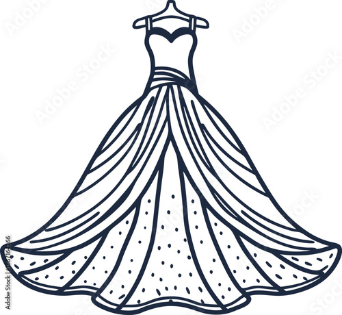 Elegant ball gown dress with layered fabric and fitted bodice, vintage evening wear illustration