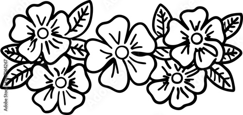 Simple floral arrangement with five flowers and leaves in black and white line art