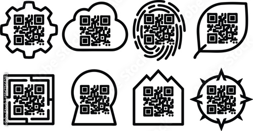 QR code icons in various shapes and symbols for scanning and encoding purposes