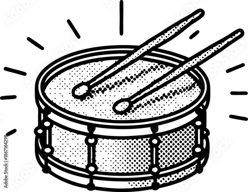 Illustration of a snare drum with drumsticks striking and sound waves for rhythmic percussion music