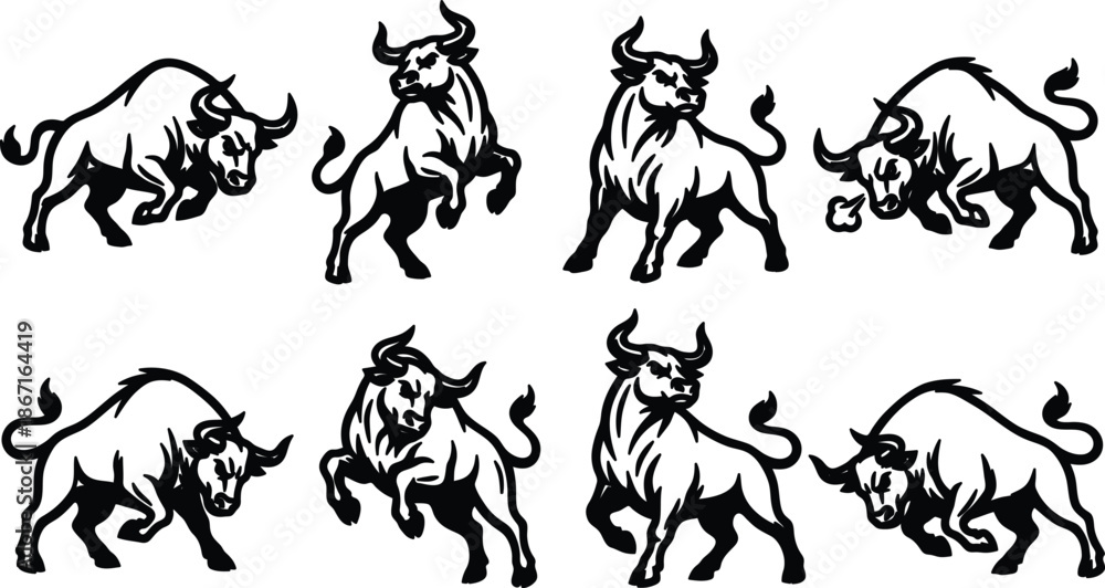 Fototapeta premium Set of black and white illustrations of bulls in various dynamic poses and movements on white background