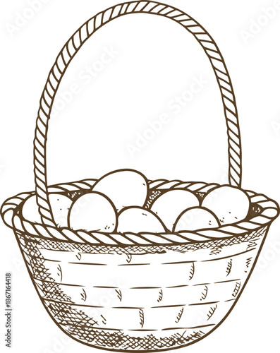 Basket filled with eggs in a woven wicker basket with handle hand drawn sketch illustration