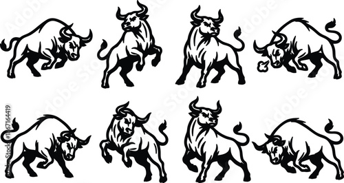 Set of black and white illustrations of bulls in various dynamic poses and movements on white background