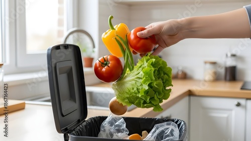 Vegetables and hand disposing of food waste into a kitchen trash can
