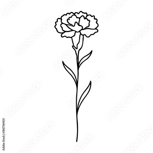 Dibujo de línea continua de clavel o rosa con tallo y hojas	