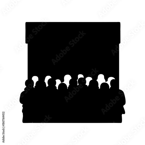 Silhouette of a crowd of people watching something in black and white