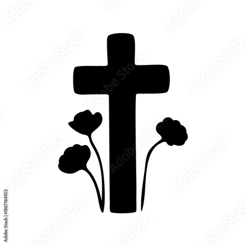 Christian cross silhouette with flowers, symbol of faith and remembrance