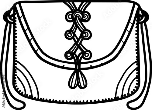 Decorative leather handbag with intricate laced closure and shoulder strap, detailed stitching design