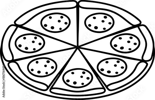Pepperoni pizza with eight slices, simple black and white line drawing illustration