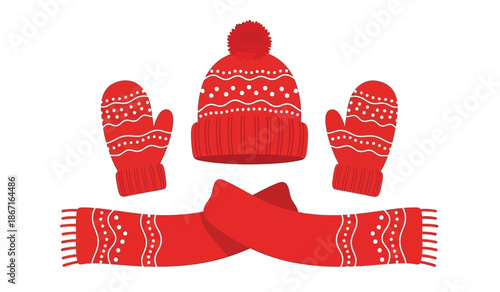 Red winter clothing set with hat, scarf and mittens