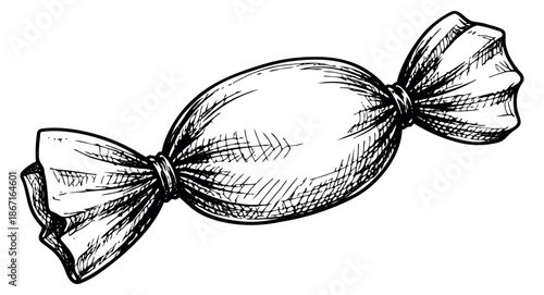 Hand drawn line art illustration of a candy depicting a wrapped sweet treat for confectionery design