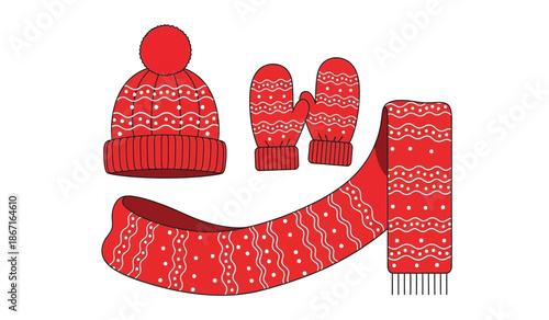 Red knitted winter clothing set with hat, scarf and mittens