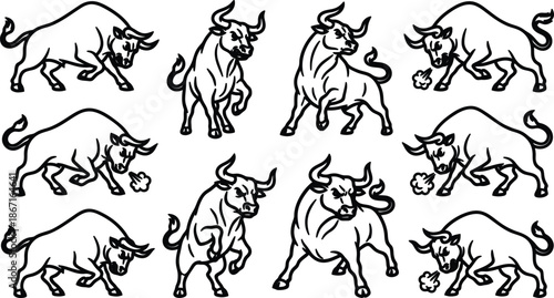 Set of cartoon bulls in various poses and movements  animals with horns and tails  black and white line drawings
