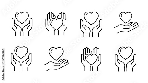 Hands holding heart icon set: symbolizing care, love, charity, and support isolated on transparent background