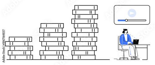 Online education. Online education growth by stacked books and virtual learning illustrations. Online education supports e-learning, distance learning, digital resources, and remote teaching