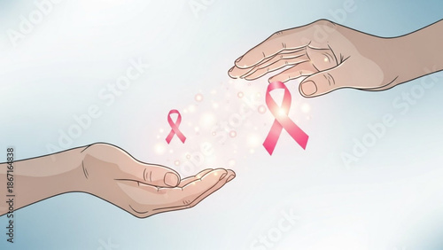 Two hands passing pink breast cancer awareness ribbons on light blue background with white highlights symbolizing support and solidarity with pink ribbon