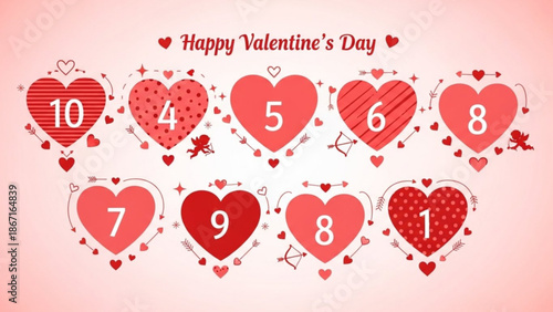 Happy valentine's day greeting card with numbered hearts and arrows on pink background for love and romance with Valentine s Day and numbers