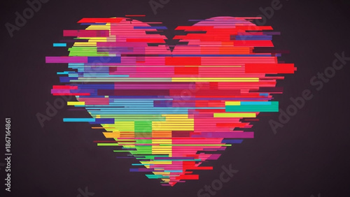 Vibrant pixelated heart with colorful horizontal lines on dark background for love and technology concepts with digital and stylized and multicolored